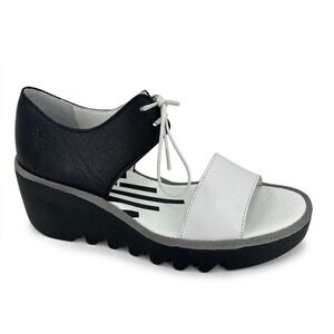FLY LONDON Black White Leather Lace Up Platform Wedge‎ Sandals EU39 US8-8.5